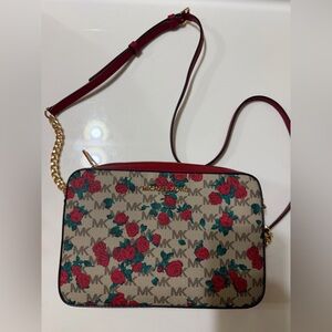 Michael Kors Red and Tan Floral Crossbody Bag